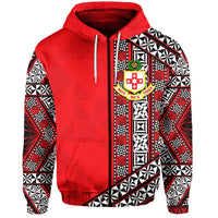Red zip hoodie with Tonga emblem and patterned sleeves