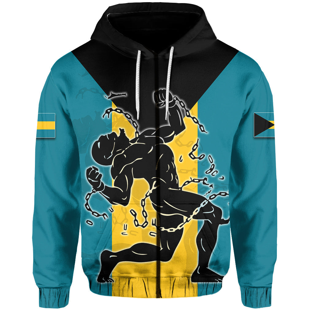 Blue zip-up hoodie with hood and drawstrings, front freedom graphic in black and yellow
