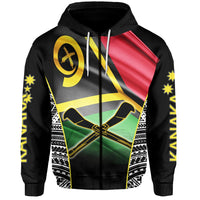 Black zip hoodie with front colorful South Sea graphic print
