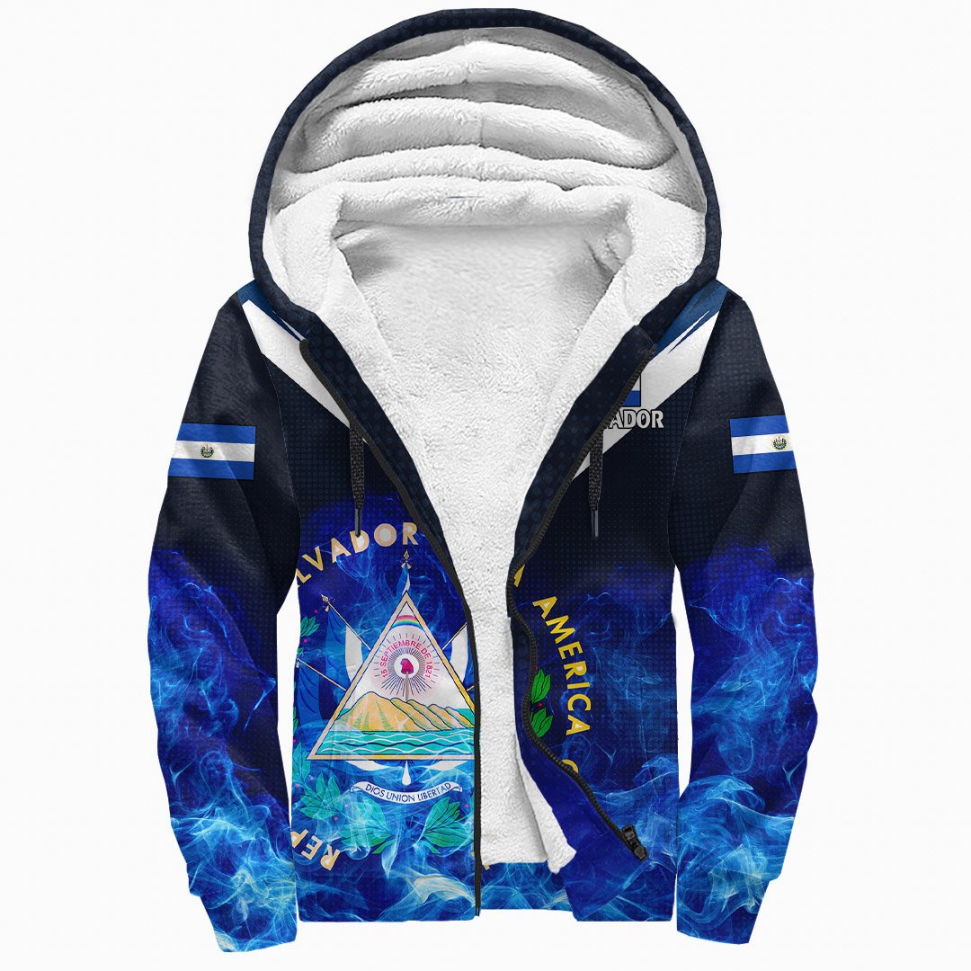 Sherpa hoodie front with white-lined hood, full-zip, blue graphic, striped accents