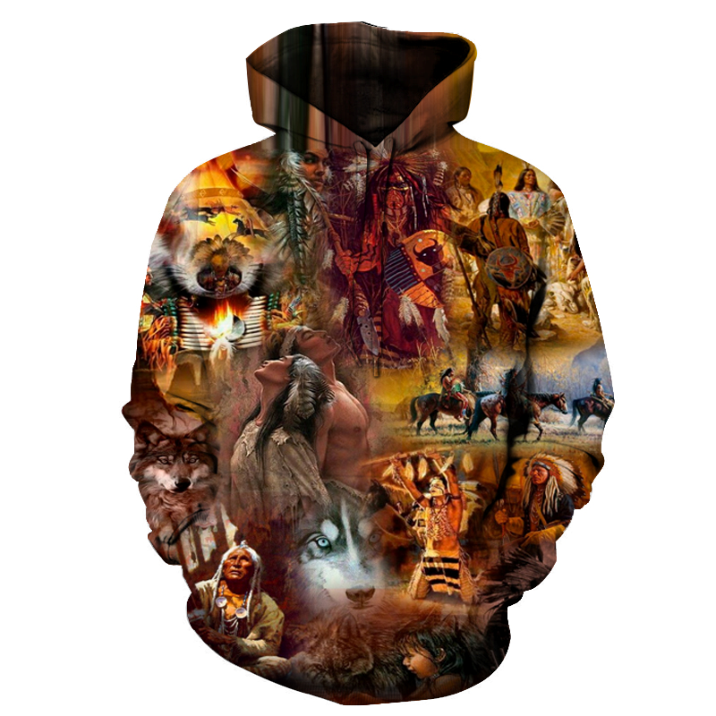 Colorful pullover hoodie with all-over Native American horses and tribal figure print