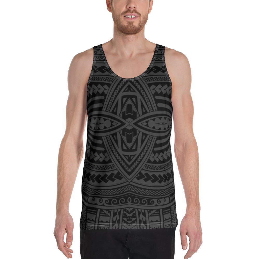 Men's seamless tank top, dark gray/black Polynesian pattern front