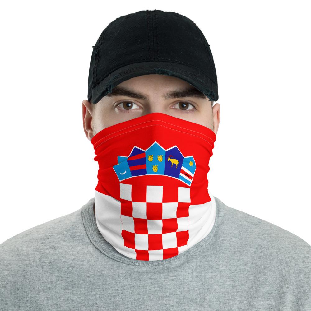Croatia neck gaiter in red with white check pattern and blue crest