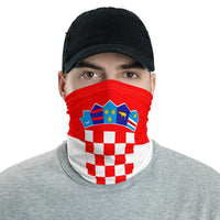 Croatia neck gaiter in red with white check pattern and blue crest