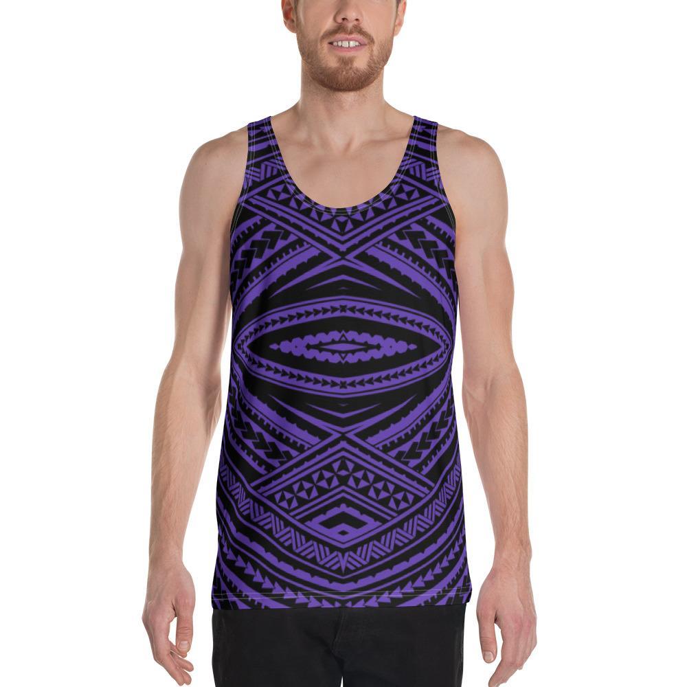 Men's purple tank top with Polynesian tatau-style geometric print, scoop neck