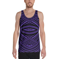 Men's purple tank top with Polynesian tatau-style geometric print, scoop neck