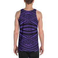 Men's purple tank top back view with Polynesian tatau-style geometric pattern