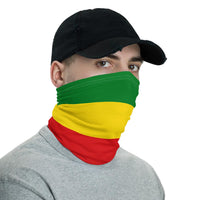 Ethiopia flag neck gaiter green-yellow-red stripes, side view over face and chin