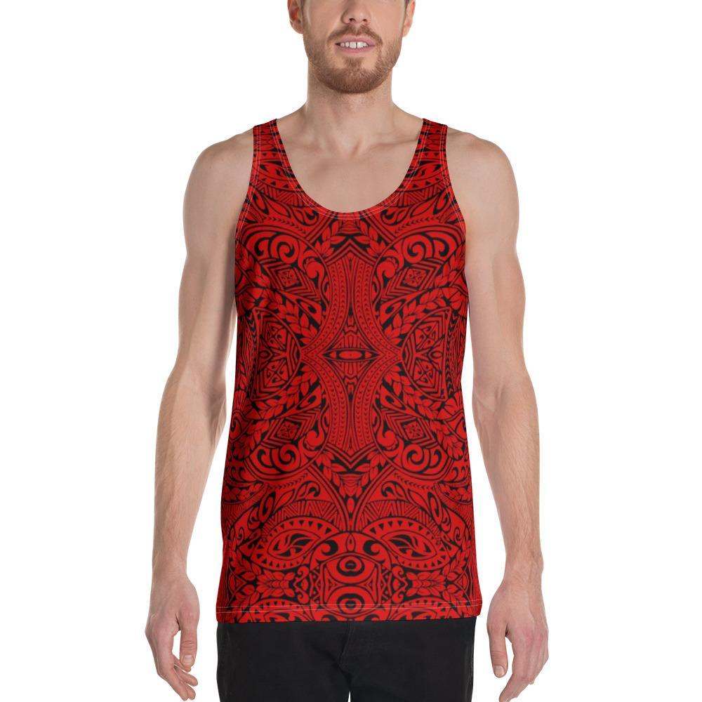 Men's red tank top with bold Polynesian tribal pattern at the front.