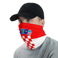 Croatia neck gaiter, red and white checker flag design with blue map crest