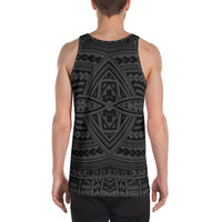 Men's seamless tank top with Polynesian pattern, back view, dark gray/black