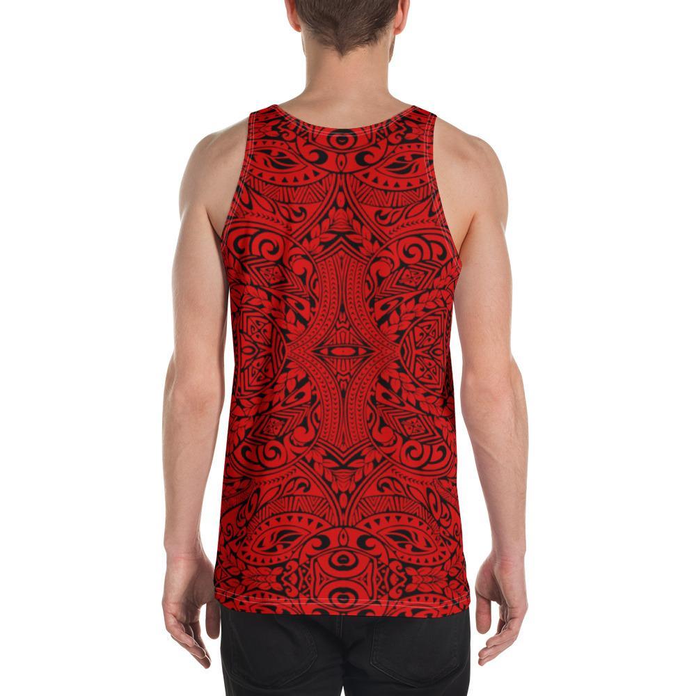Men's red tank top with bold Polynesian tribal pattern on the back.