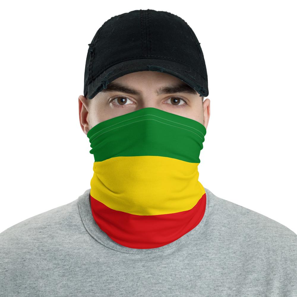 Ethiopia flag neck gaiter in green, yellow, and red stripes, worn over nose and mouth