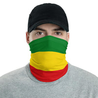Ethiopia flag neck gaiter in green, yellow, and red stripes, worn over nose and mouth