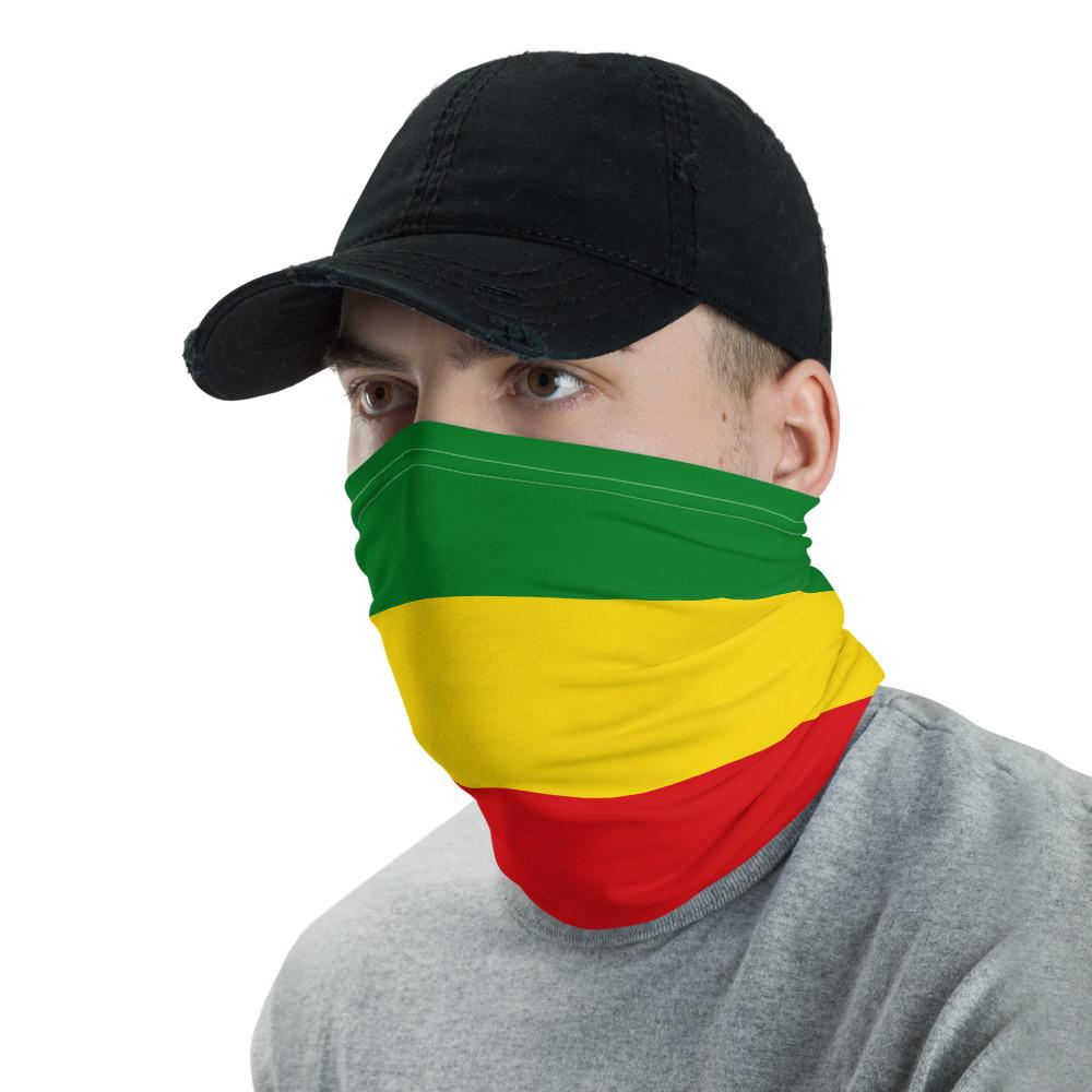 Green, yellow, red Ethiopia flag neck gaiter wrapped around neck and lower face