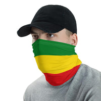Green, yellow, red Ethiopia flag neck gaiter wrapped around neck and lower face