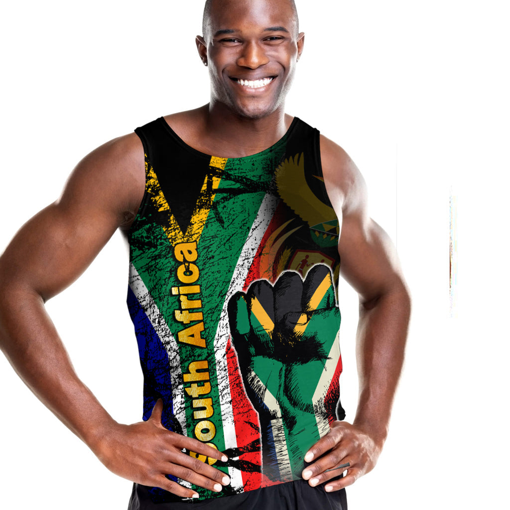 Black men's tank top with grunge South Africa flag print and “Freedom Day” text