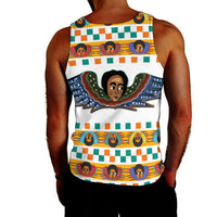 White men’s tank top with colorful striped pattern and central face/angel artwork