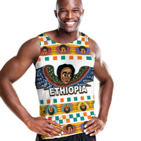 White men’s tank top with colorful Ethiopia graphic and ETHIOPIA text
