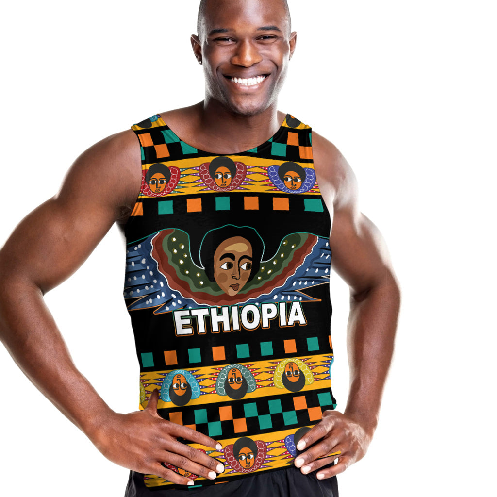 Black men’s tank top with colorful Ethiopian angel graphic and “ETHIOPIA” text front