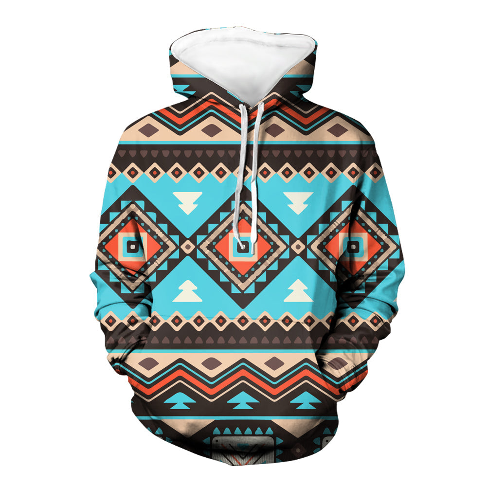 Pullover hoodie, colorful tribal geometric pattern, hood with drawstring