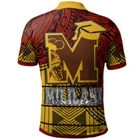 Back view red and yellow custom polo with Polynesian pattern and large crest graphic