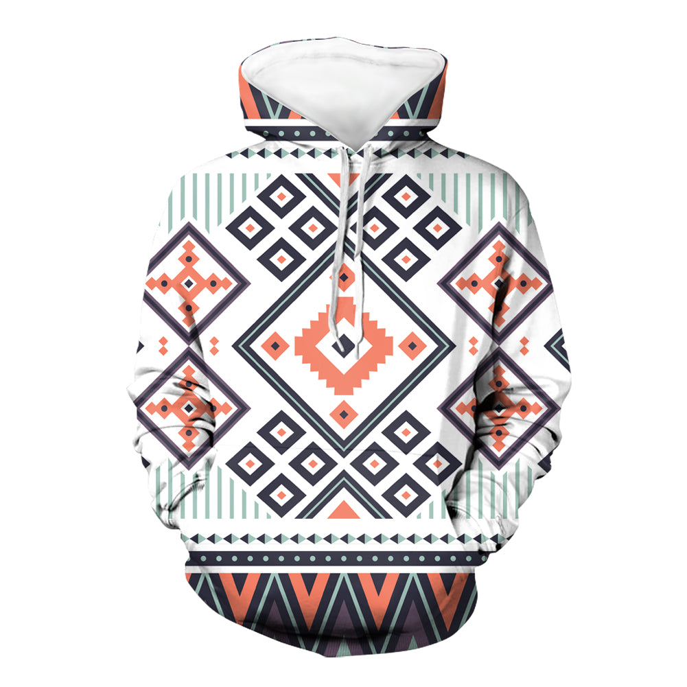 Colorful all-over tribal print pullover hoodie with hood and front pouch pocket