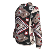 Side view Native American pattern pullover hoodie, geometric red-and-black on gray