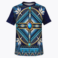 Native American pride mandala graphic T-shirt with blue, teal, and gold bead-style print