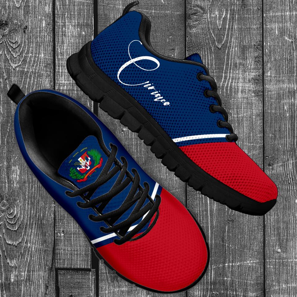 Custom sneakers with blue upper and red toe, black sole, crest patch on tongue and cursive text