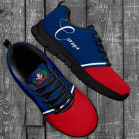 Custom sneakers with blue upper and red toe, black sole, crest patch on tongue and cursive text