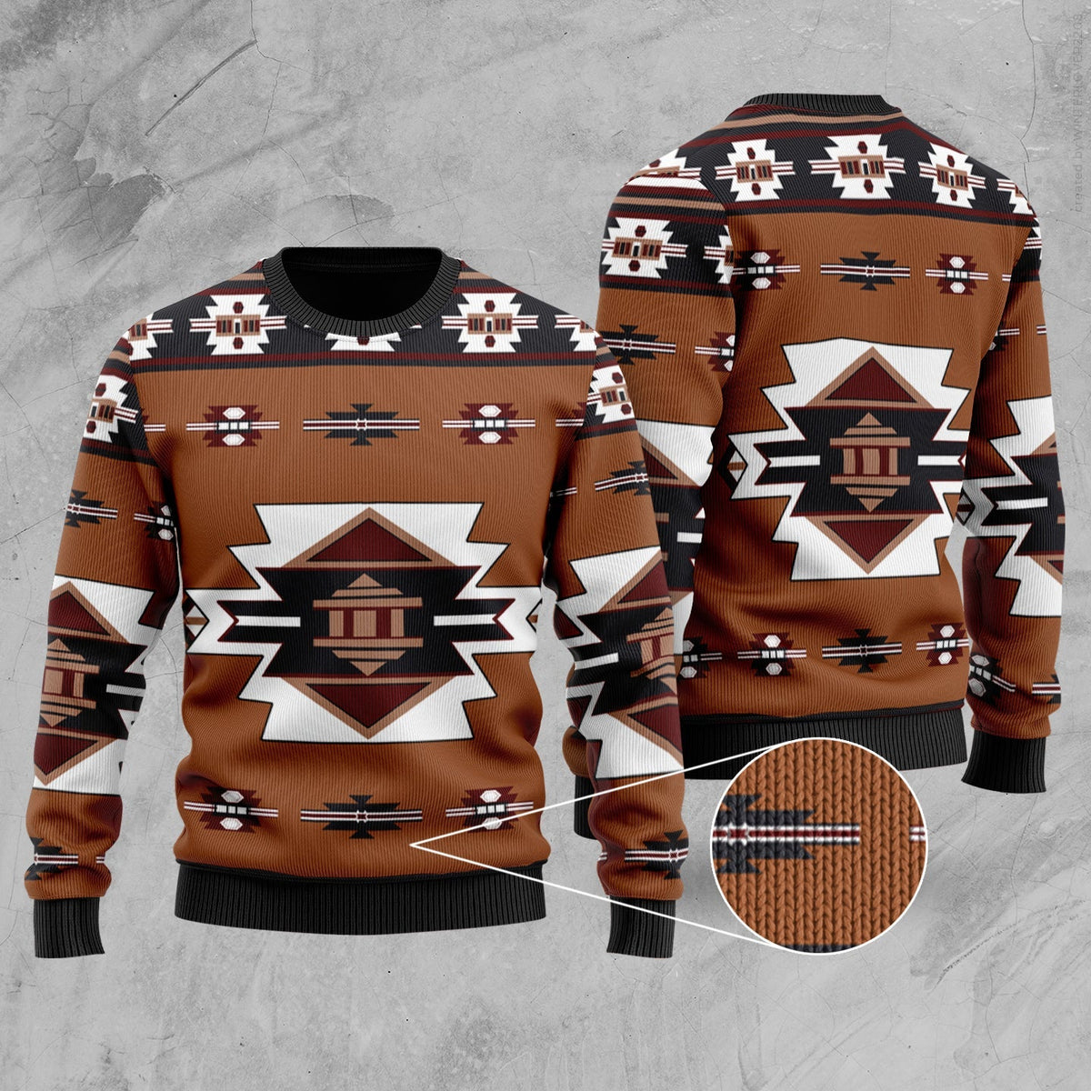 Unisex native-style sweater in brown-orange with geometric motifs and ribbed cuffs