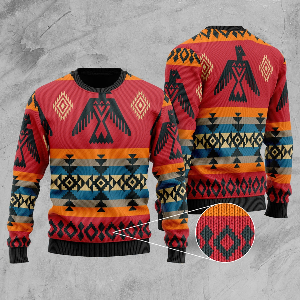 Red unisex Native American-style sweater with multicolor geometric and bird motif