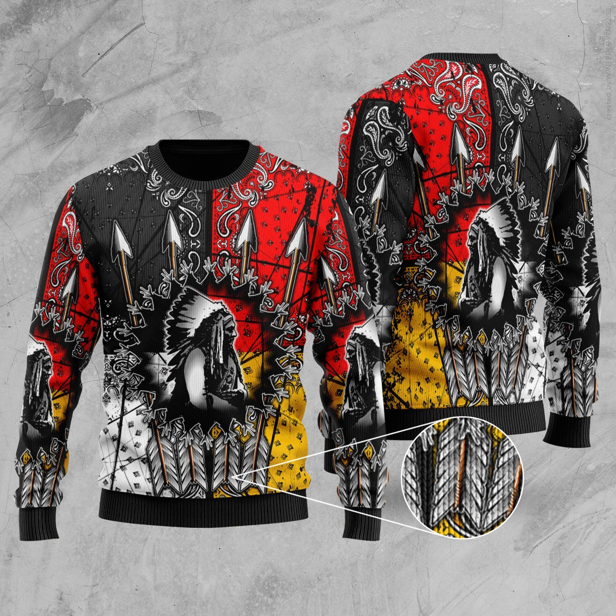 Unisex native American sweater with red, black, white and yellow arrow graphic, crewneck
