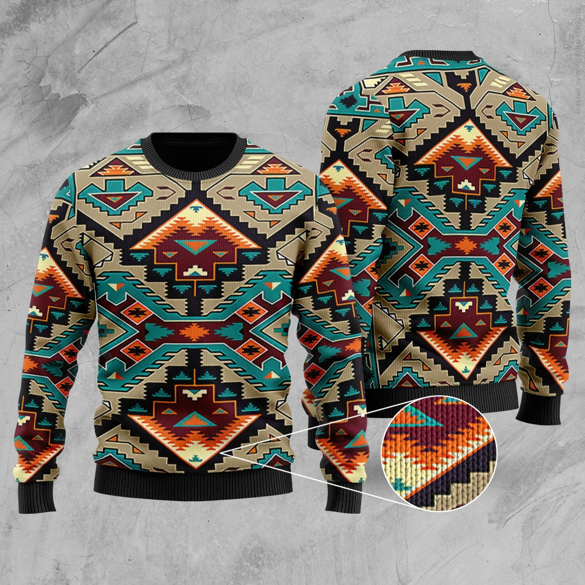 Multicolor Native American patterned crewneck sweater, unisex; front and back views