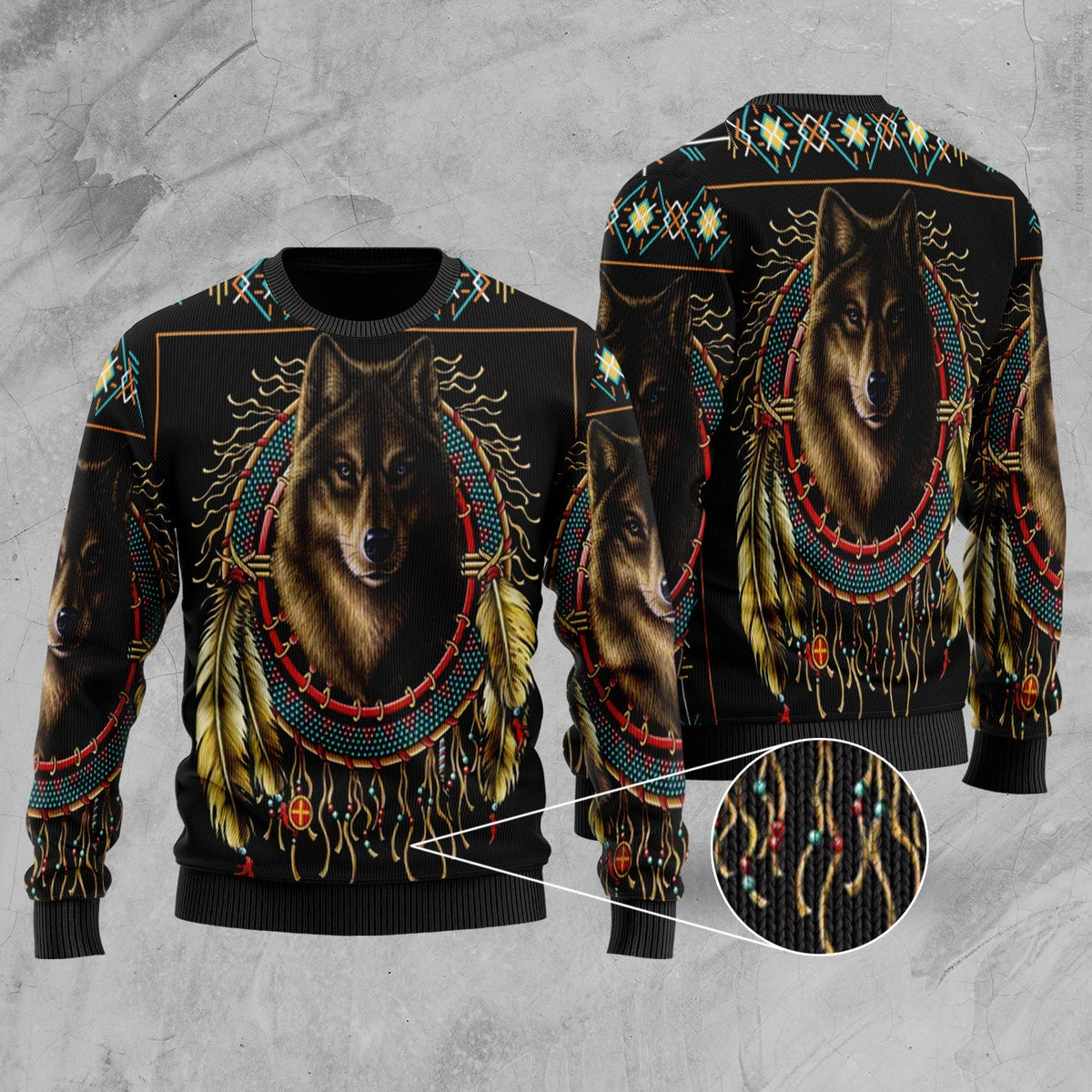 Multicolor wolf graphic unisex sweater, front and back view, crew neck