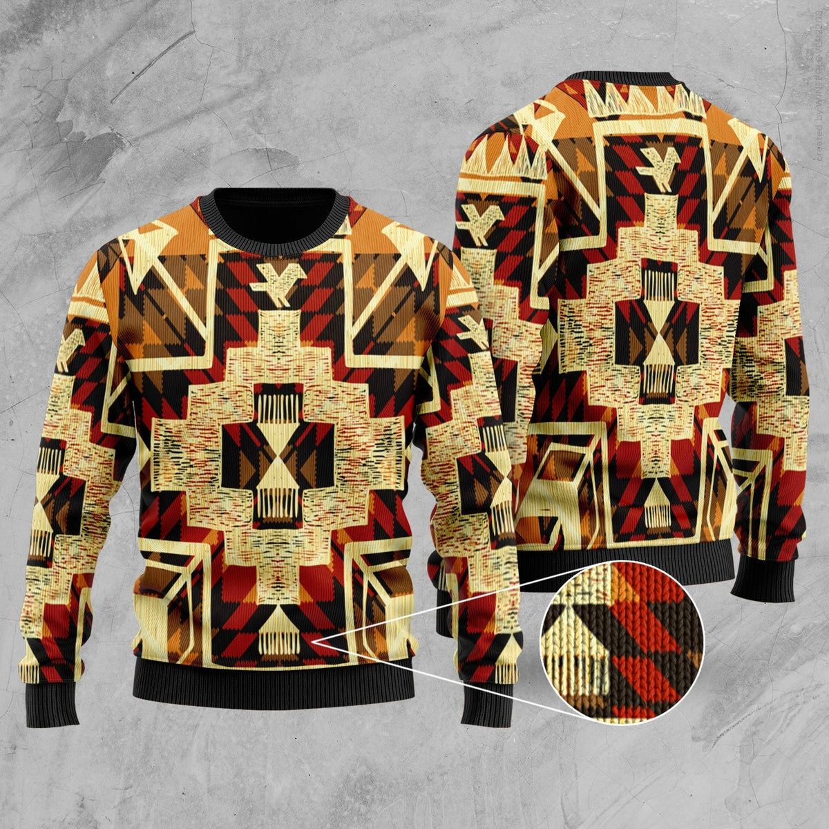 Unisex tribal arrow sweater, yellow base with red black geometric pattern, crew neck