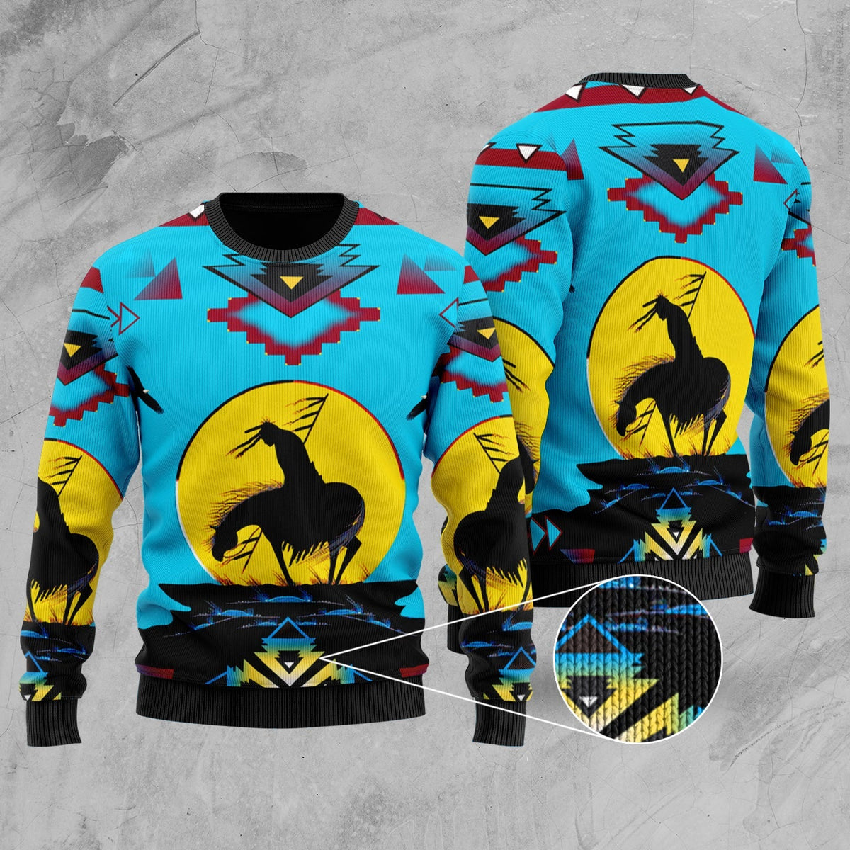 Colorful unisex Native American style sweater with turquoise, yellow horse graphic pattern