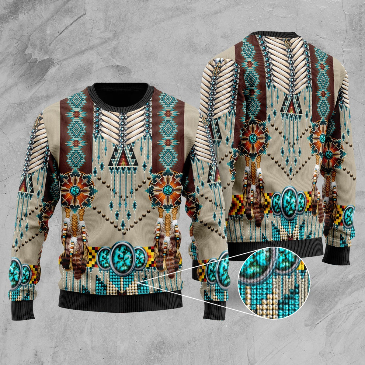 Unisex turquoise patterned sweater with tribal breastplate design and round neck