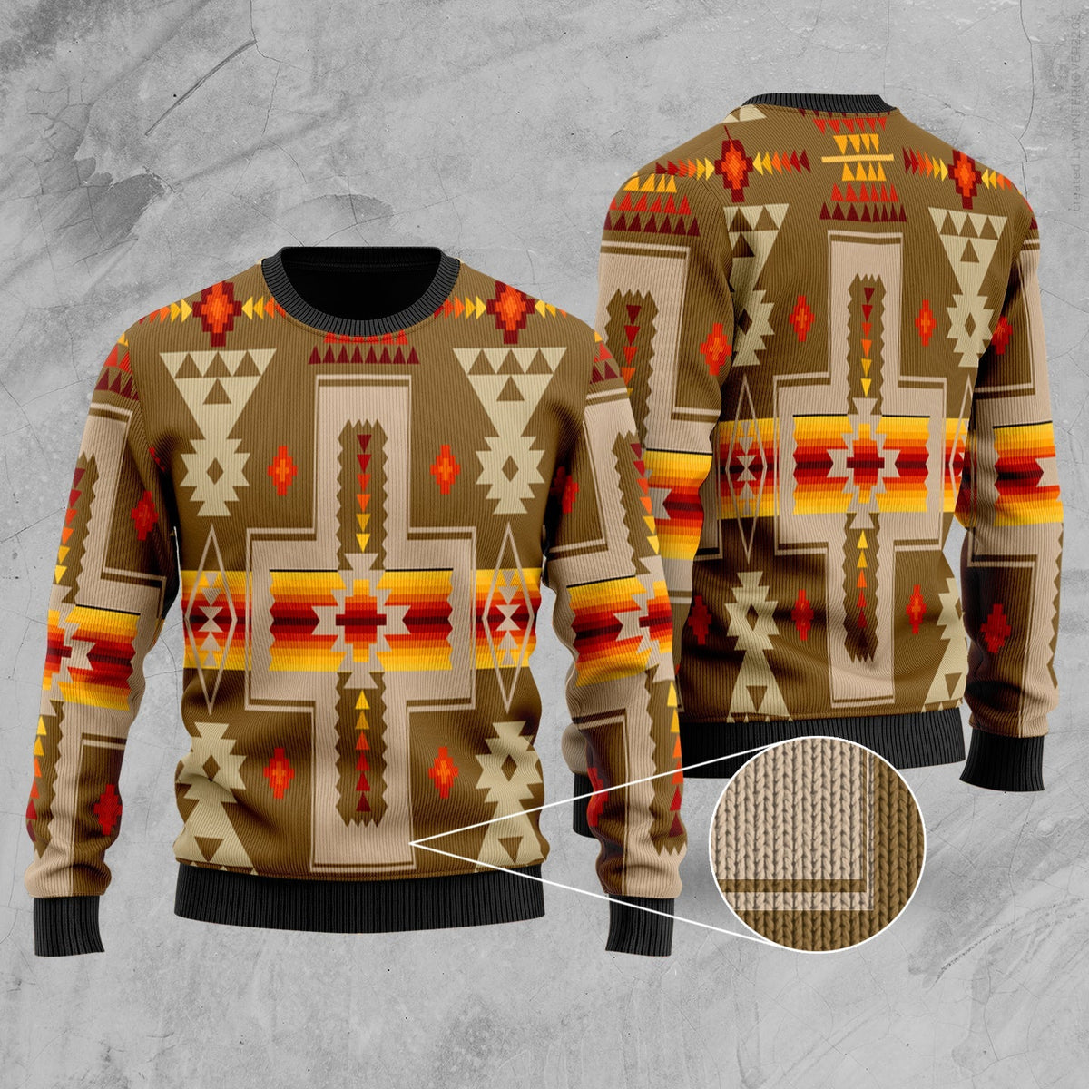 Unisex light brown tribal geometric sweater with multicolor pattern; crew neck and ribbed cuffs