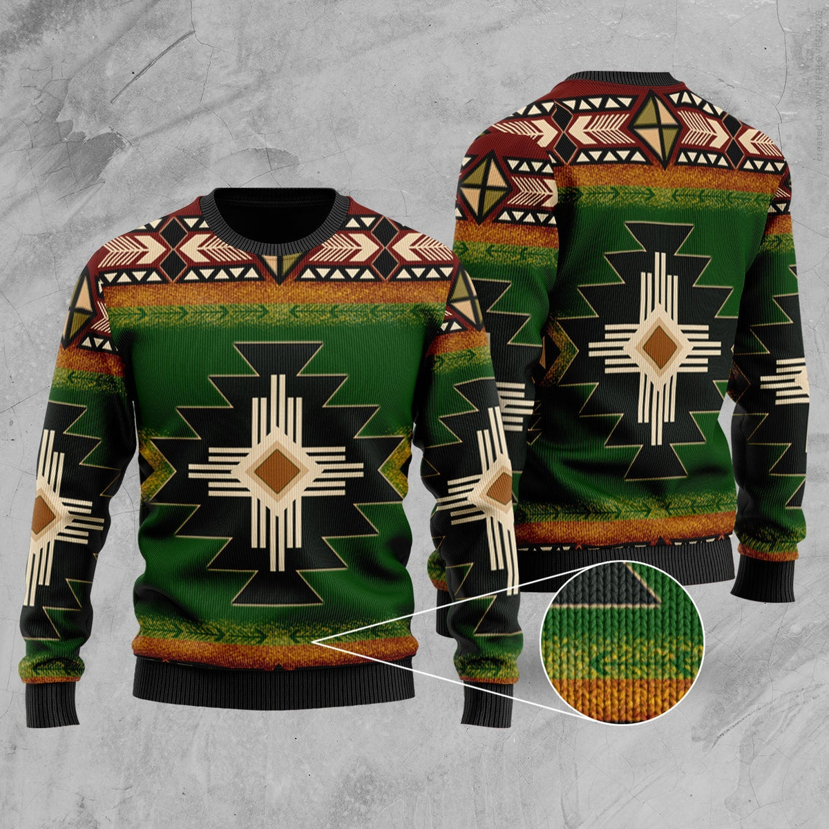 Unisex green Southwest patterned sweater with geometric native-style symbols, crew neck