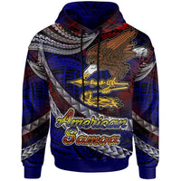 American Samoa hoodie pullover in blue with eagle and Polynesian patterns