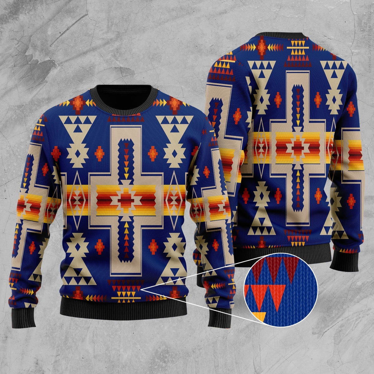 Unisex navy sweater with multicolor Native-style geometric pattern, crew neck, long sleeves
