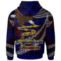 American Samoa hoodie pullover in blue, eagle and Polynesian patterns on back