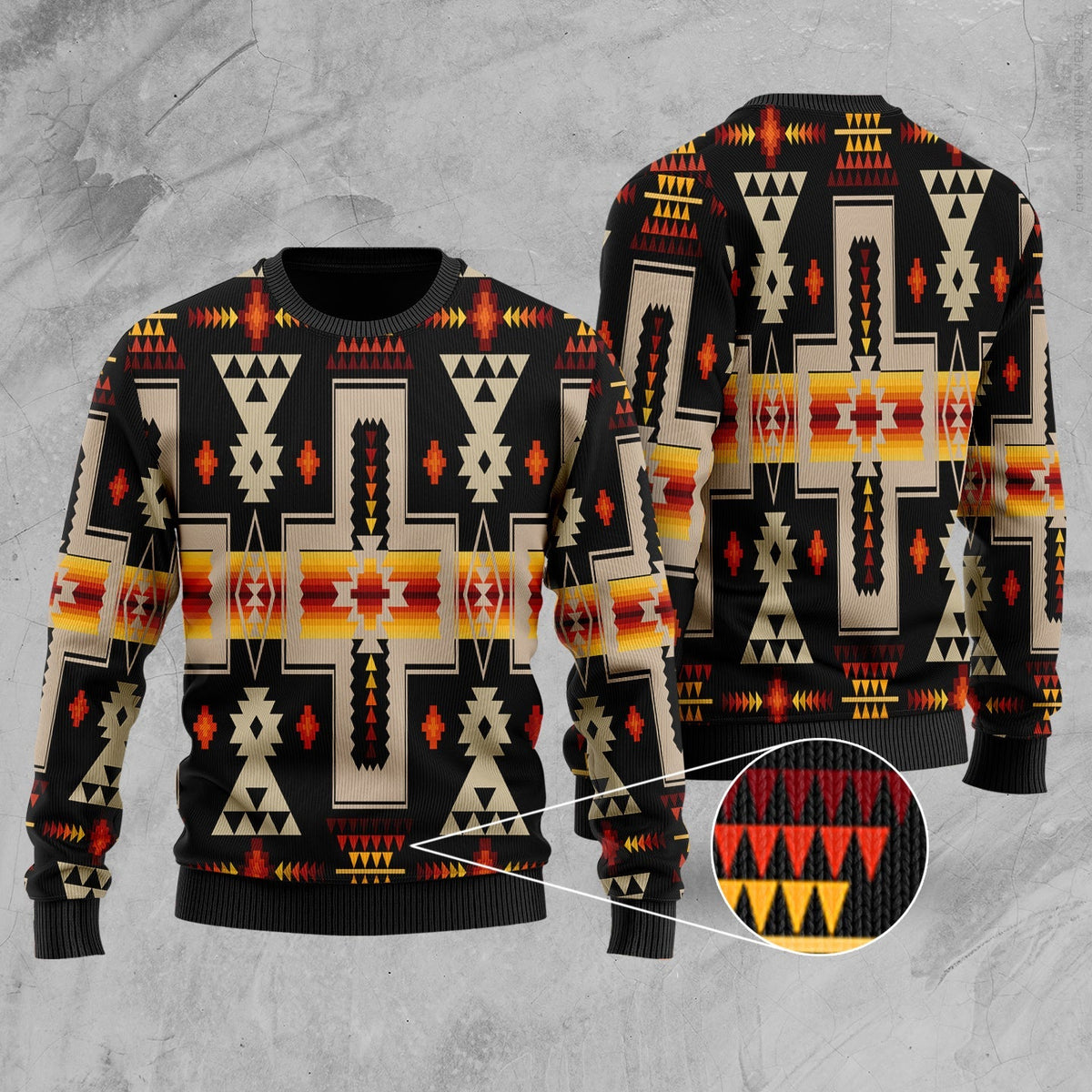 Multicolor geometric Native American style sweater in black (front and back shown)