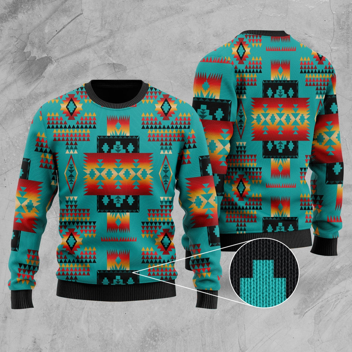 Multicolor Native American pattern sweater back view, teal knit, ribbed neckline