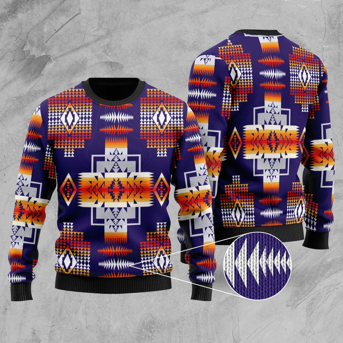 Purple patterned Native American-style sweater, long sleeves, pullover knit.