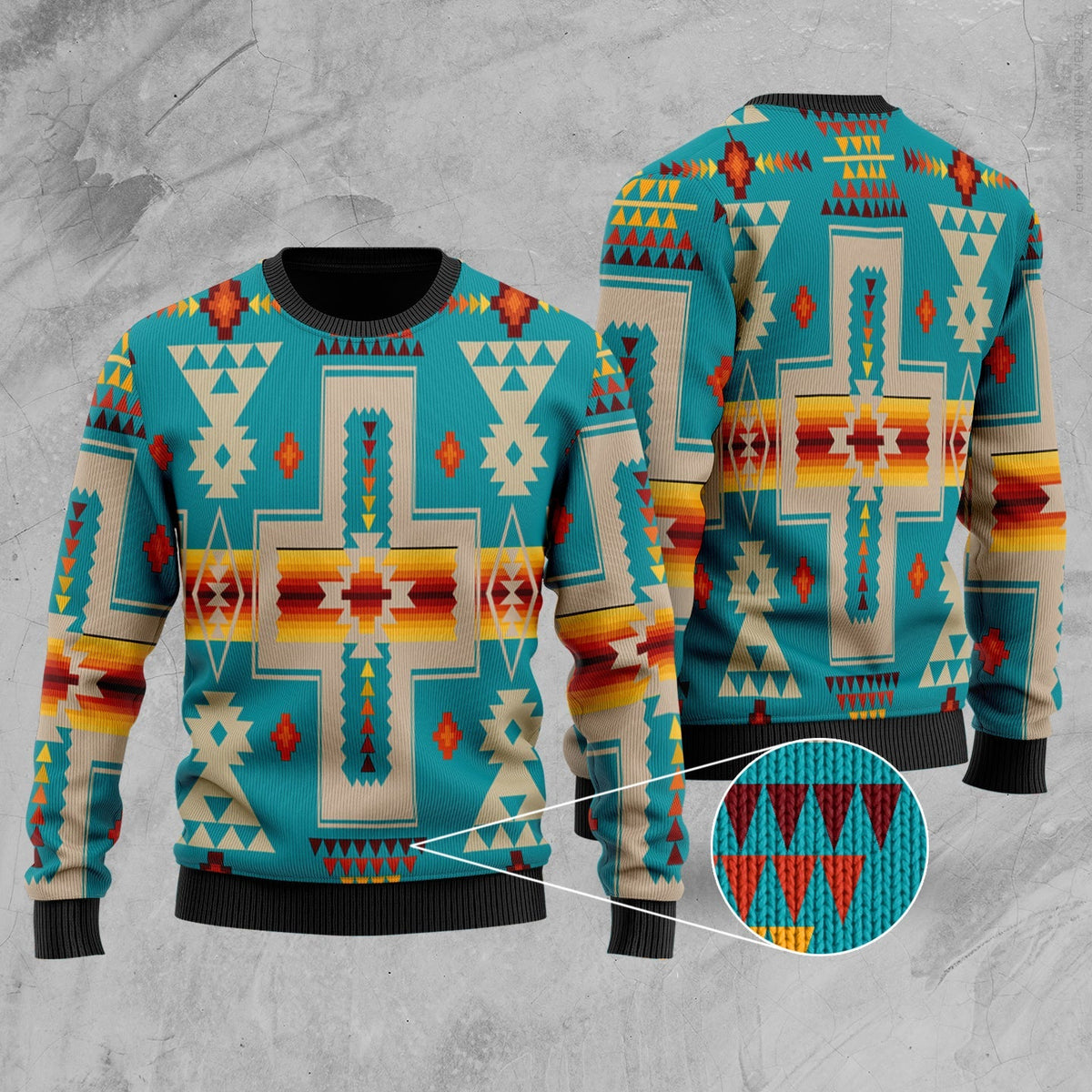 Turquoise geometric Native American knit sweater, crew neck, ribbed cuffs and hem