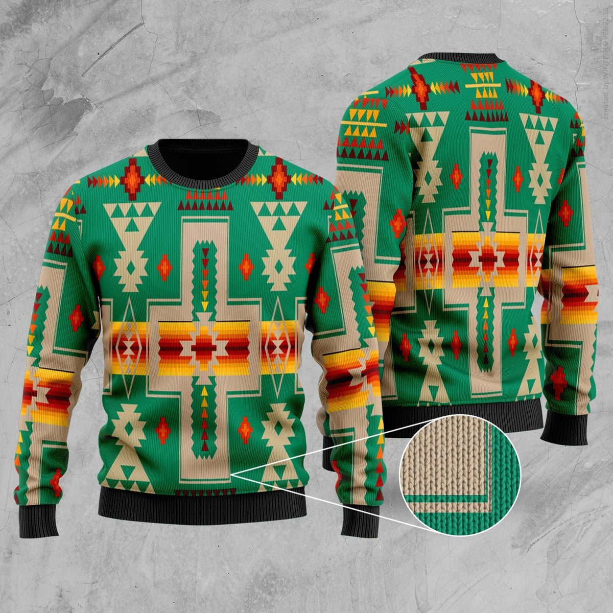 Light green tribal patterned sweater, multicolor geometric design; crew neck, long sleeves.