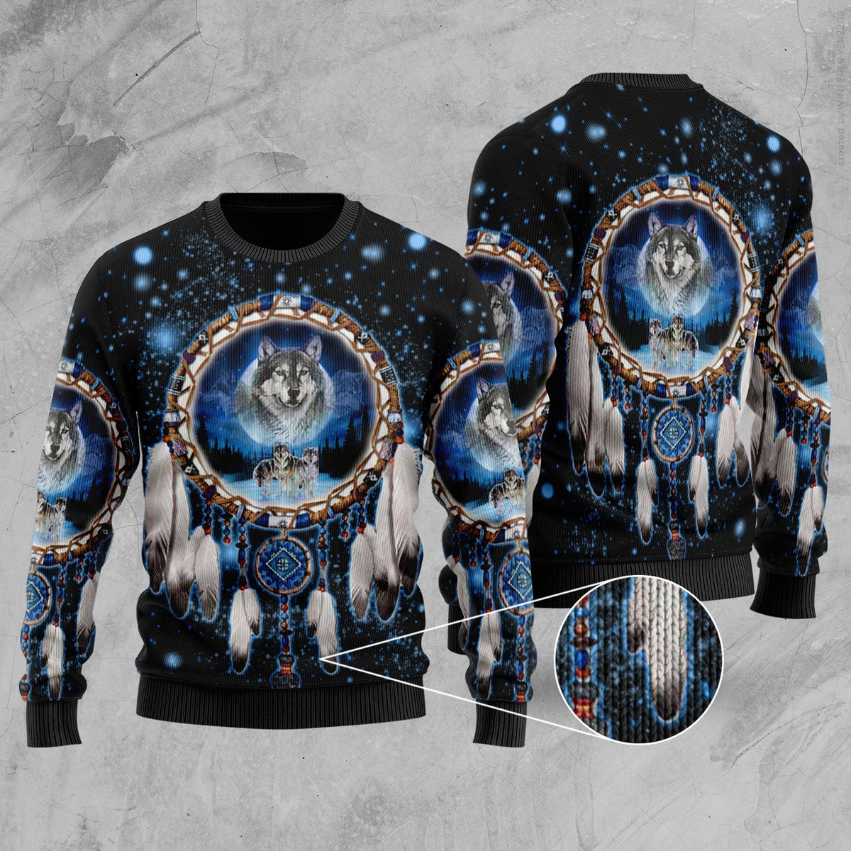 Multicolor galaxy wolf 3D dreamcatcher sweater, front and back views with ribbed cuffs